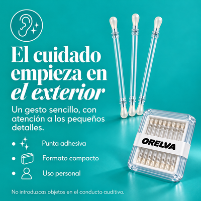 Palitos Orelva y estuche sobre fondo azul: cuidado exterior, punta adhesiva, formato compacto y uso personal.