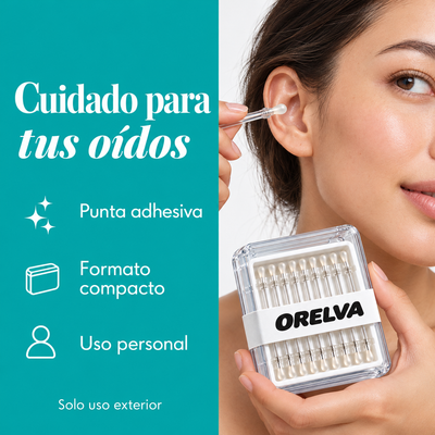 Mujer con el estuche Orelva y un palito junto al exterior de la oreja; cuidado para tus oídos, solo uso exterior.