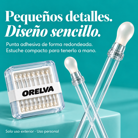 Detalle ampliado de la punta redondeada y cuerpo transparente Orelva junto a su estuche compacto.
